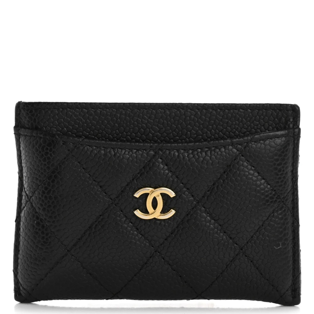 CHANEL Black Quilted Caviar Leather Card Holder with Gold CC